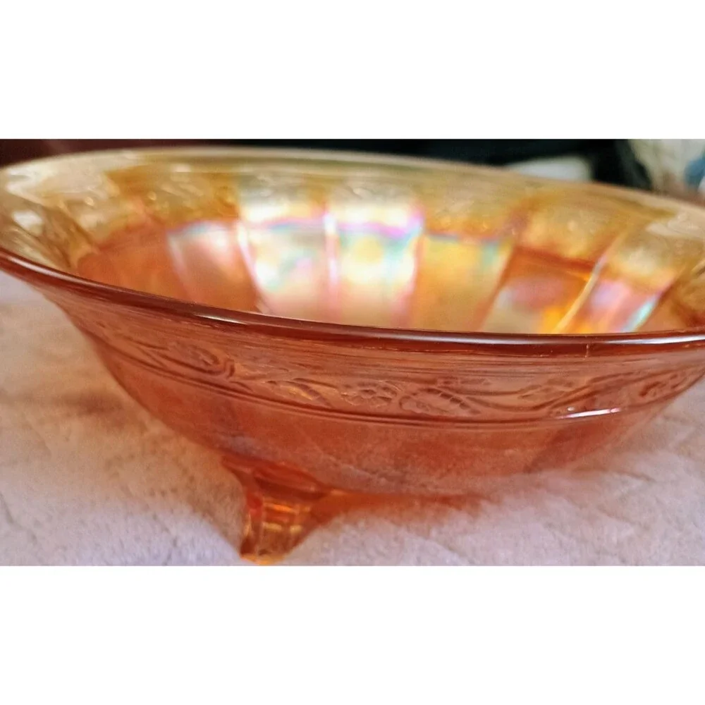 Vtg Marigold Carnival Glass Footed Berry Bowl Floral Embossed Iridescent Orange